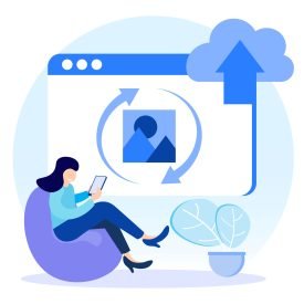 Flat style vector illustration of image upload via smartphone, laptop, computer. For websites, landing pages, mobile apps, posters, banners.